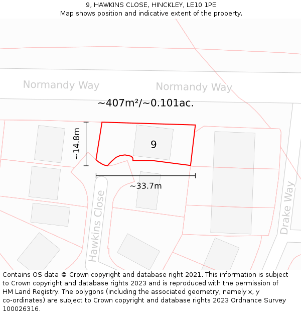 9, HAWKINS CLOSE, HINCKLEY, LE10 1PE: Plot and title map