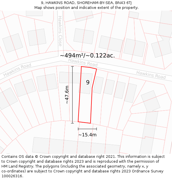 9, HAWKINS ROAD, SHOREHAM-BY-SEA, BN43 6TJ: Plot and title map