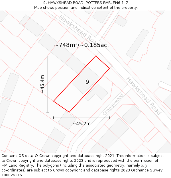 9, HAWKSHEAD ROAD, POTTERS BAR, EN6 1LZ: Plot and title map