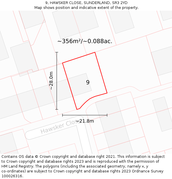 9, HAWSKER CLOSE, SUNDERLAND, SR3 2YD: Plot and title map