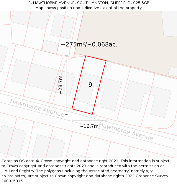 9, HAWTHORNE AVENUE, SOUTH ANSTON, SHEFFIELD, S25 5GR: Plot and title map