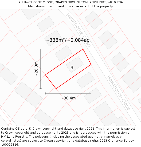 9, HAWTHORNE CLOSE, DRAKES BROUGHTON, PERSHORE, WR10 2SA: Plot and title map