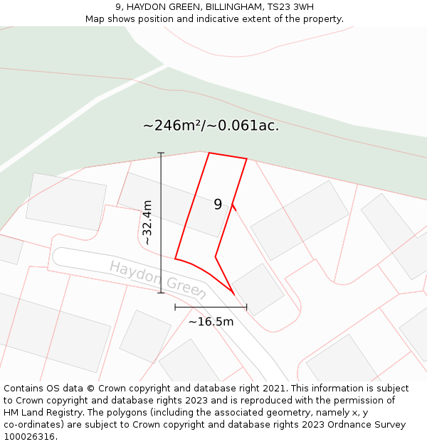 9, HAYDON GREEN, BILLINGHAM, TS23 3WH: Plot and title map