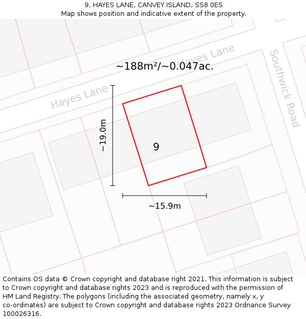 9, HAYES LANE, CANVEY ISLAND, SS8 0ES: Plot and title map