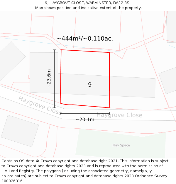 9, HAYGROVE CLOSE, WARMINSTER, BA12 8SL: Plot and title map