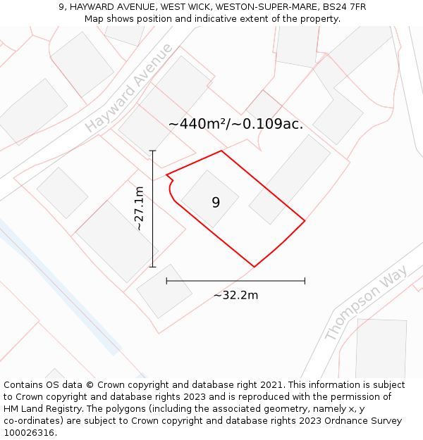 9, HAYWARD AVENUE, WEST WICK, WESTON-SUPER-MARE, BS24 7FR: Plot and title map