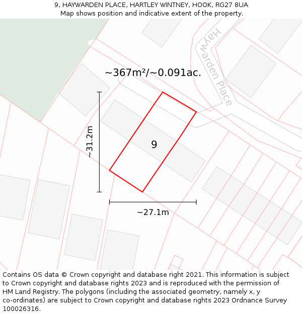 9, HAYWARDEN PLACE, HARTLEY WINTNEY, HOOK, RG27 8UA: Plot and title map