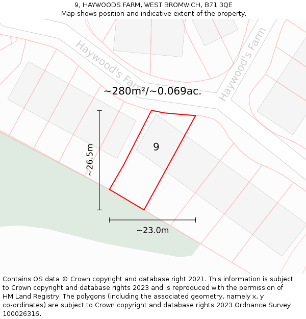 9, HAYWOODS FARM, WEST BROMWICH, B71 3QE: Plot and title map