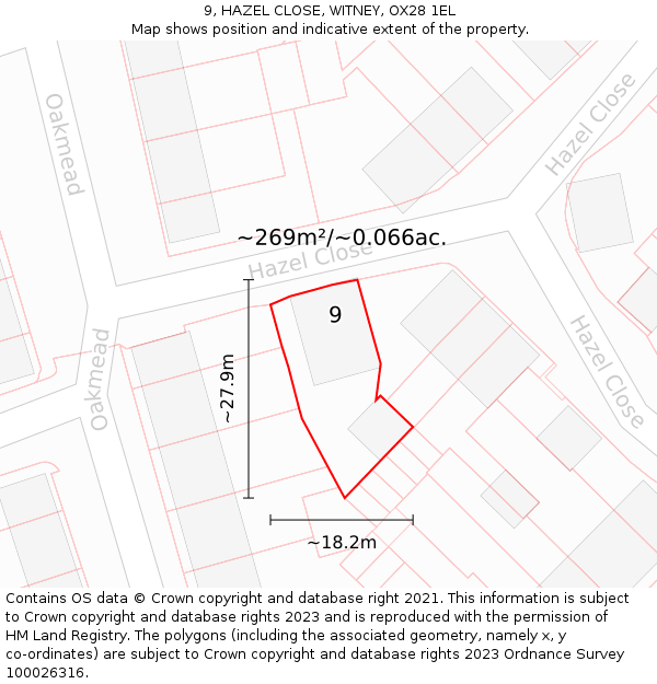 9, HAZEL CLOSE, WITNEY, OX28 1EL: Plot and title map