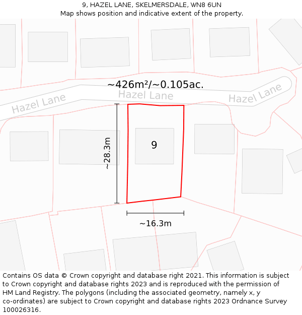 9, HAZEL LANE, SKELMERSDALE, WN8 6UN: Plot and title map