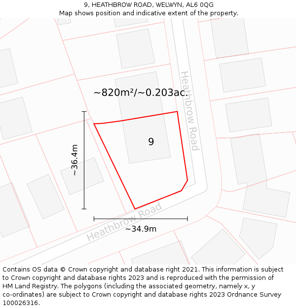 9, HEATHBROW ROAD, WELWYN, AL6 0QG: Plot and title map