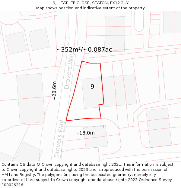9, HEATHER CLOSE, SEATON, EX12 2UY: Plot and title map