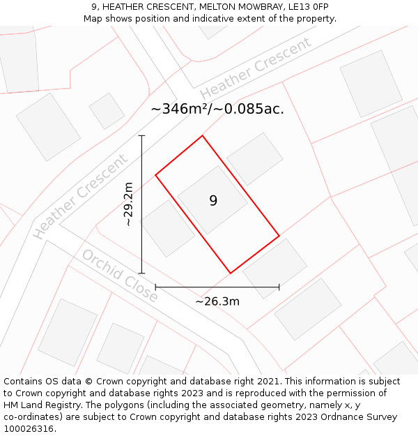 9, HEATHER CRESCENT, MELTON MOWBRAY, LE13 0FP: Plot and title map