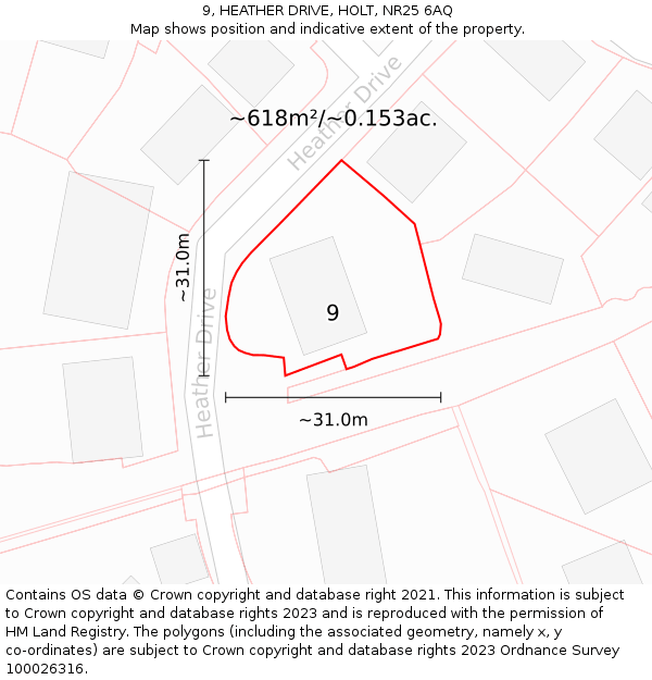 9, HEATHER DRIVE, HOLT, NR25 6AQ: Plot and title map