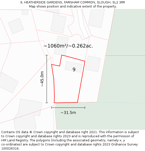 9, HEATHERSIDE GARDENS, FARNHAM COMMON, SLOUGH, SL2 3RR: Plot and title map