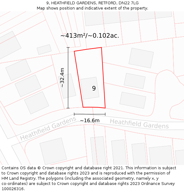 9, HEATHFIELD GARDENS, RETFORD, DN22 7LG: Plot and title map