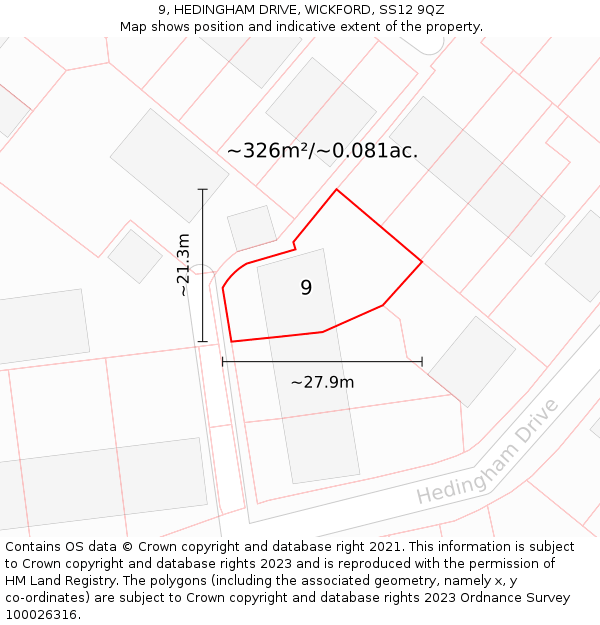 9, HEDINGHAM DRIVE, WICKFORD, SS12 9QZ: Plot and title map