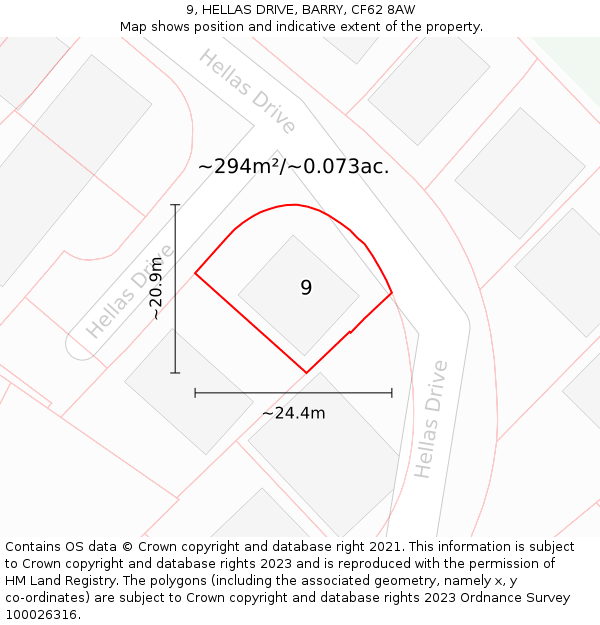 9, HELLAS DRIVE, BARRY, CF62 8AW: Plot and title map