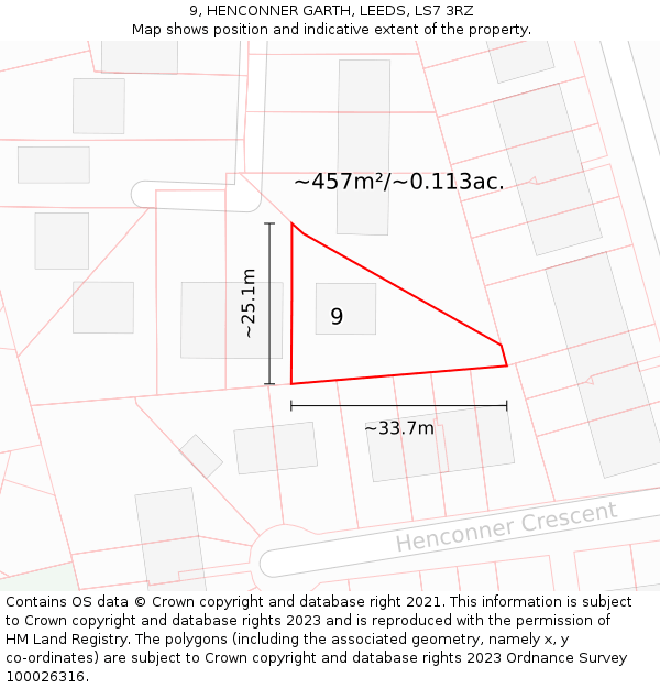 9, HENCONNER GARTH, LEEDS, LS7 3RZ: Plot and title map