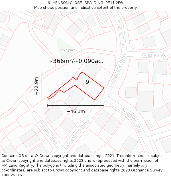 9, HENSON CLOSE, SPALDING, PE11 2FW: Plot and title map