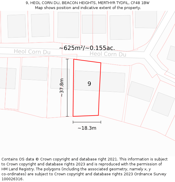 9, HEOL CORN DU, BEACON HEIGHTS, MERTHYR TYDFIL, CF48 1BW: Plot and title map