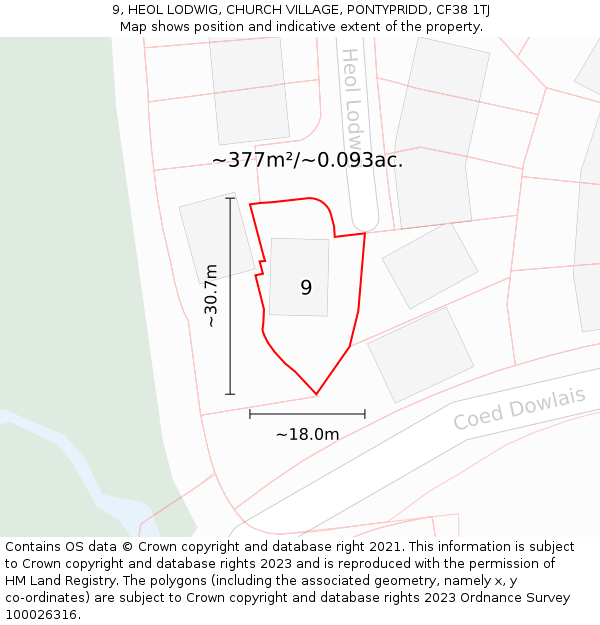 9, HEOL LODWIG, CHURCH VILLAGE, PONTYPRIDD, CF38 1TJ: Plot and title map