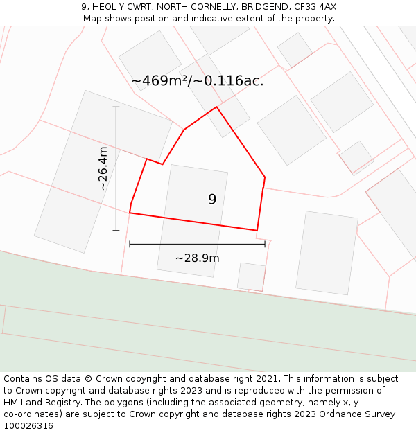 9, HEOL Y CWRT, NORTH CORNELLY, BRIDGEND, CF33 4AX: Plot and title map