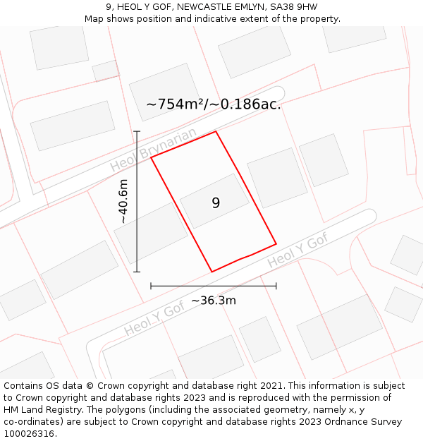 9, HEOL Y GOF, NEWCASTLE EMLYN, SA38 9HW: Plot and title map