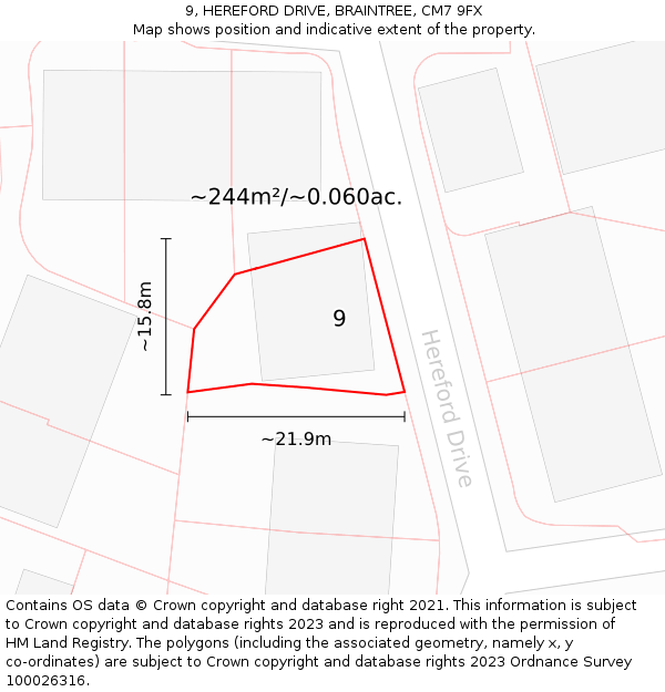 9, HEREFORD DRIVE, BRAINTREE, CM7 9FX: Plot and title map