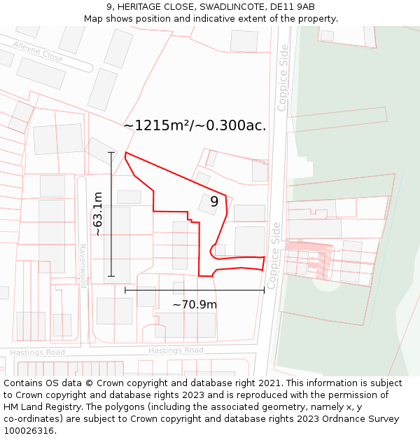 9, HERITAGE CLOSE, SWADLINCOTE, DE11 9AB: Plot and title map