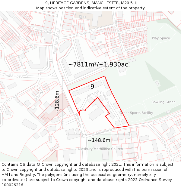 9, HERITAGE GARDENS, MANCHESTER, M20 5HJ: Plot and title map