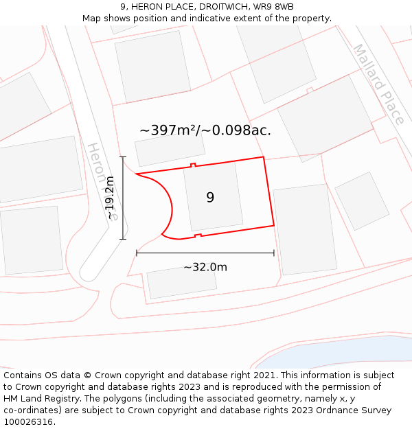 9, HERON PLACE, DROITWICH, WR9 8WB: Plot and title map