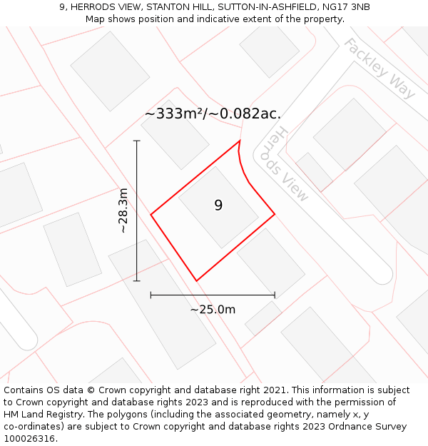 9, HERRODS VIEW, STANTON HILL, SUTTON-IN-ASHFIELD, NG17 3NB: Plot and title map