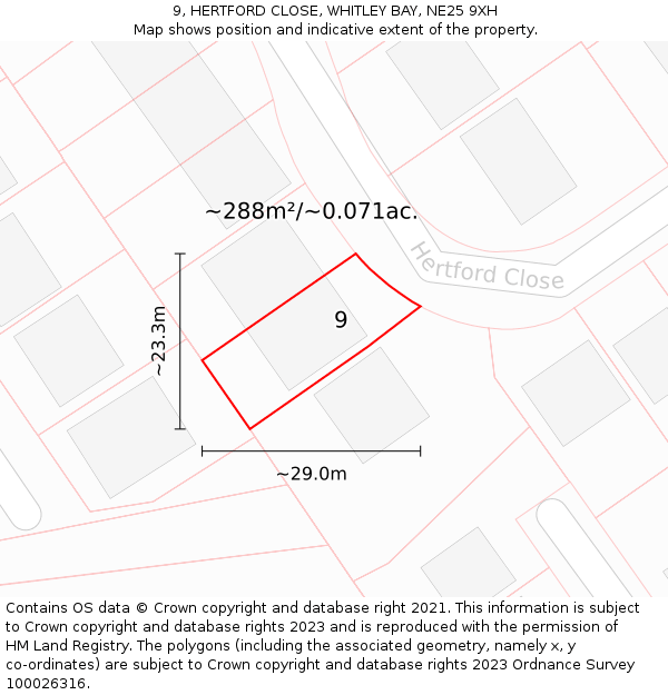 9, HERTFORD CLOSE, WHITLEY BAY, NE25 9XH: Plot and title map