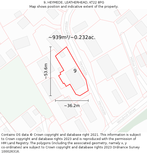 9, HEYMEDE, LEATHERHEAD, KT22 8PG: Plot and title map