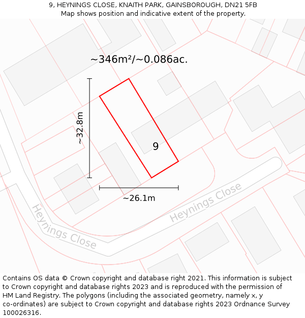 9, HEYNINGS CLOSE, KNAITH PARK, GAINSBOROUGH, DN21 5FB: Plot and title map