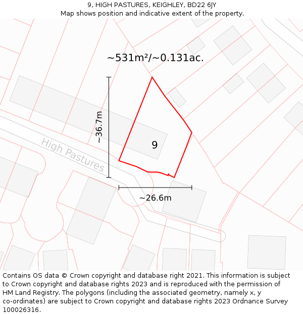 9, HIGH PASTURES, KEIGHLEY, BD22 6JY: Plot and title map