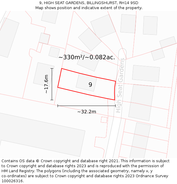 9, HIGH SEAT GARDENS, BILLINGSHURST, RH14 9SD: Plot and title map