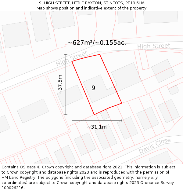 9, HIGH STREET, LITTLE PAXTON, ST NEOTS, PE19 6HA: Plot and title map