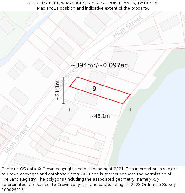9, HIGH STREET, WRAYSBURY, STAINES-UPON-THAMES, TW19 5DA: Plot and title map