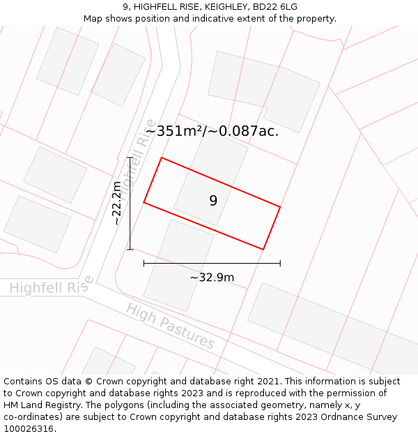 9, HIGHFELL RISE, KEIGHLEY, BD22 6LG: Plot and title map
