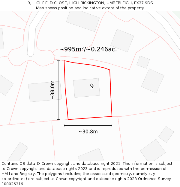 9, HIGHFIELD CLOSE, HIGH BICKINGTON, UMBERLEIGH, EX37 9DS: Plot and title map