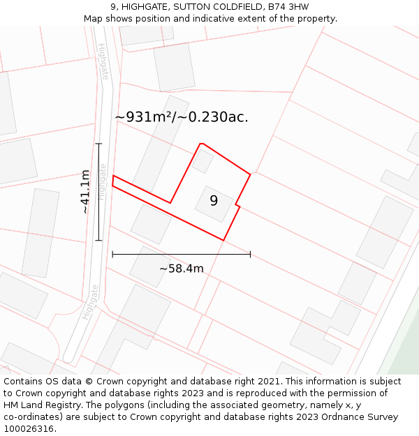 9, HIGHGATE, SUTTON COLDFIELD, B74 3HW: Plot and title map