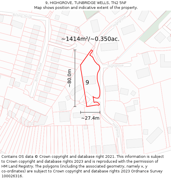 9, HIGHGROVE, TUNBRIDGE WELLS, TN2 5NF: Plot and title map