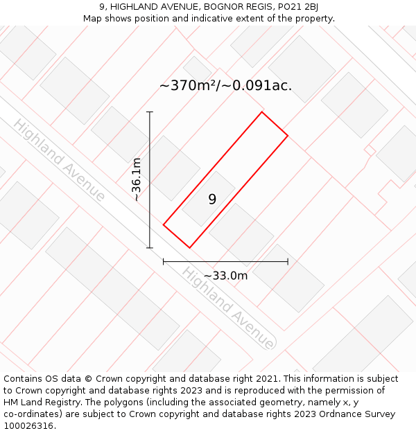 9, HIGHLAND AVENUE, BOGNOR REGIS, PO21 2BJ: Plot and title map