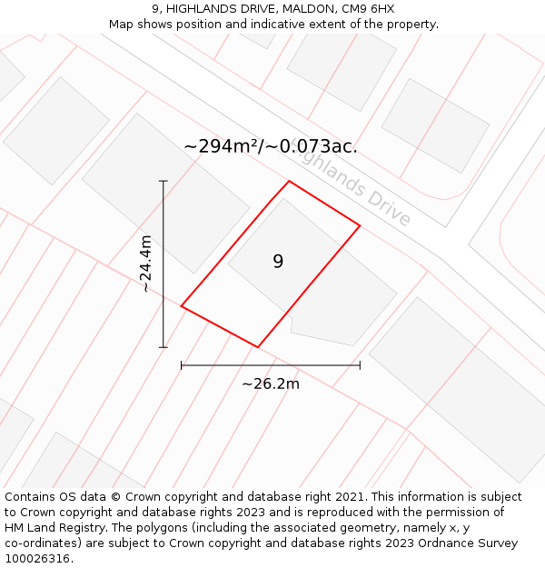 9, HIGHLANDS DRIVE, MALDON, CM9 6HX: Plot and title map