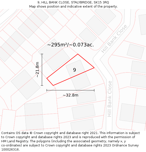 9, HILL BANK CLOSE, STALYBRIDGE, SK15 3RQ: Plot and title map