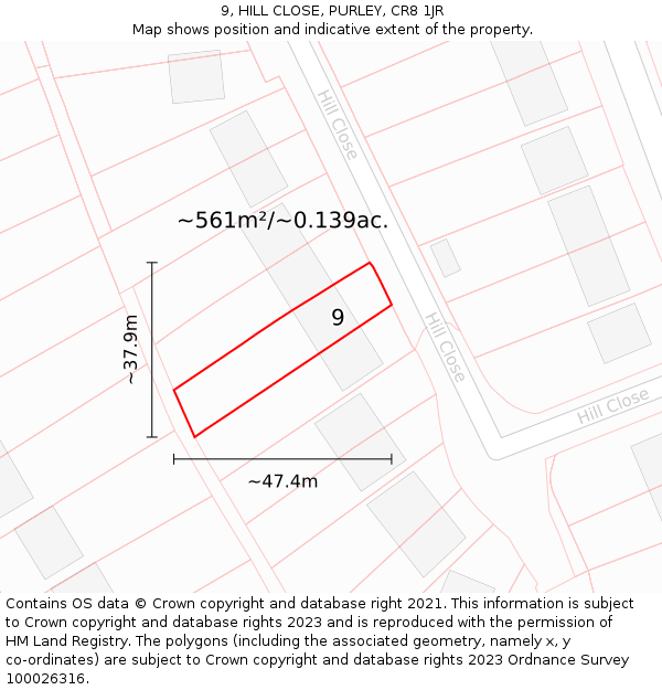9, HILL CLOSE, PURLEY, CR8 1JR: Plot and title map