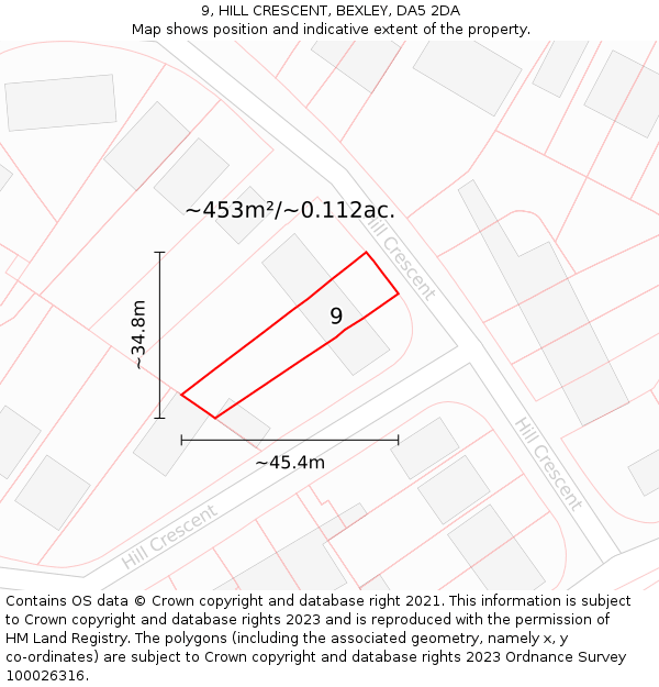 9, HILL CRESCENT, BEXLEY, DA5 2DA: Plot and title map