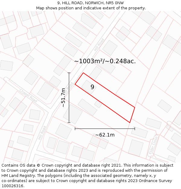 9, HILL ROAD, NORWICH, NR5 0NW: Plot and title map